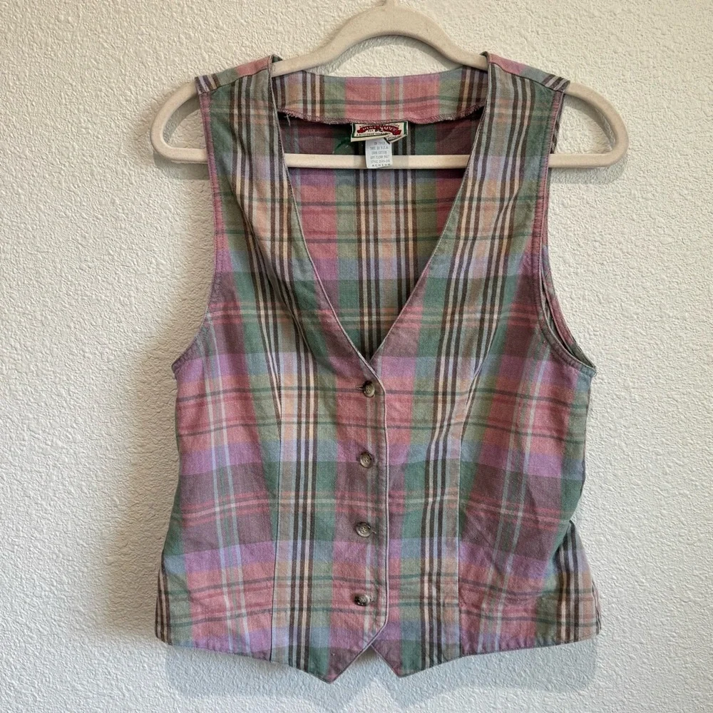 VTG Pinecove Womens Medium Plaid Button Up Gorpcore Vest 90s Granola Girl Cotton